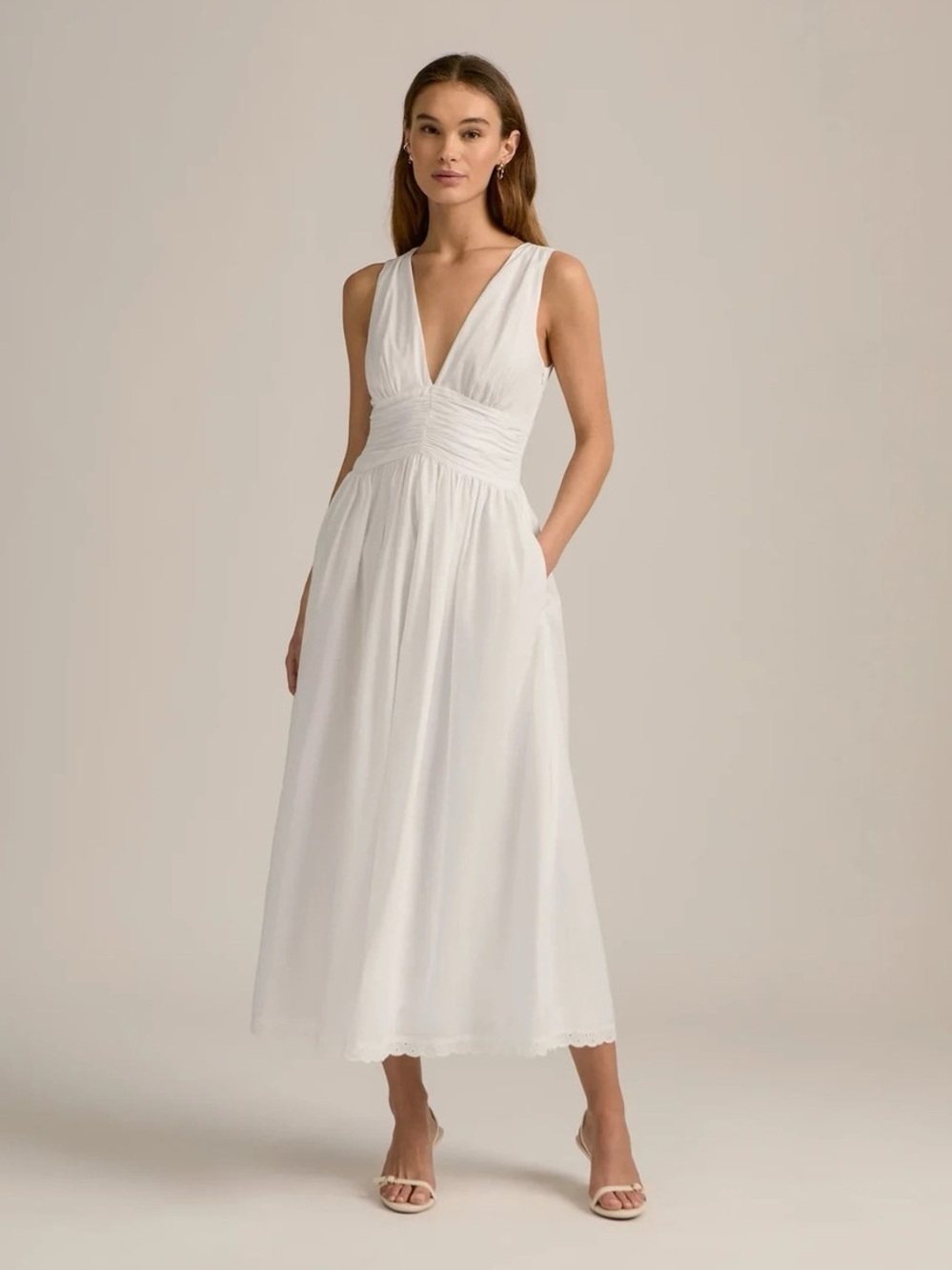 Favorite Daughter White V-Neck Ruched Waist Midi Dress Size 0